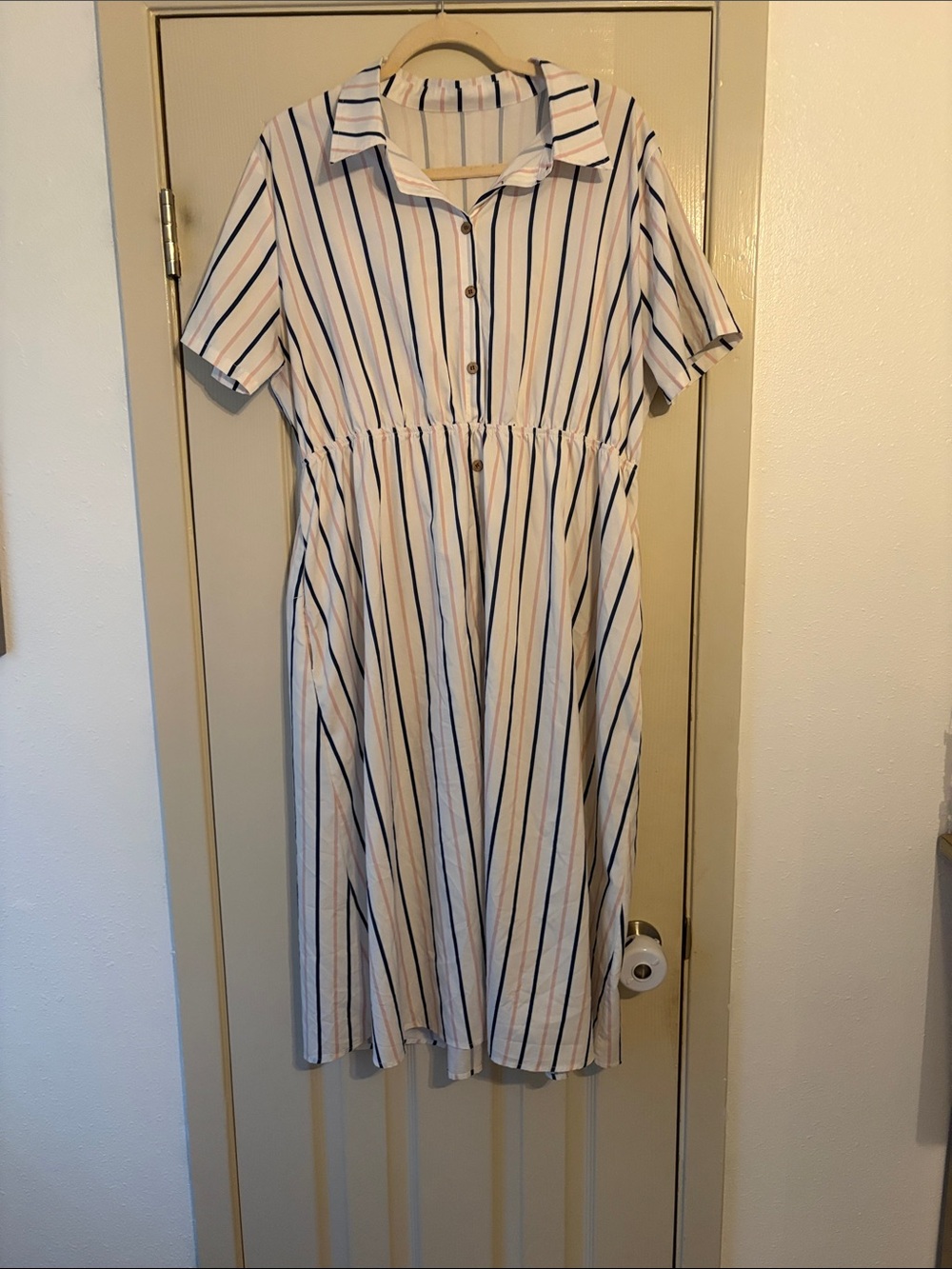 Striped Button-Front Maxi Dress in Blue & Cream